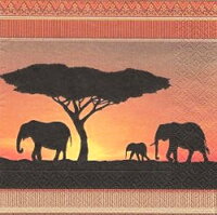 serviette en papier éléphants éléphanteau savane coucher du soleil 