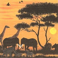 serviette en papier savane parc naturel girafes éléphants coucher du soleil