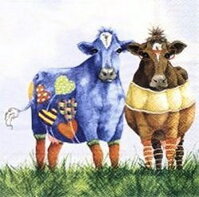 serviette en papier vaches peintes bleu coeur orange brun pâturage herbe