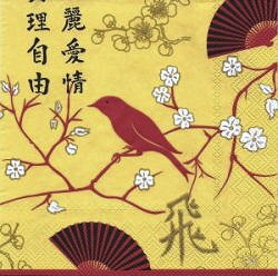 serviette en papier oiseau rouge asiatique branche feuilles jaune