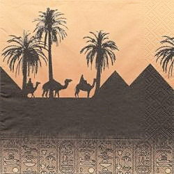 serviette en papier chameaux pyramides palmiers coucher du soleil