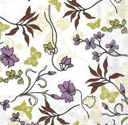 NAT144 FLEURS MAUVES ET PAPILLONS OLIVES